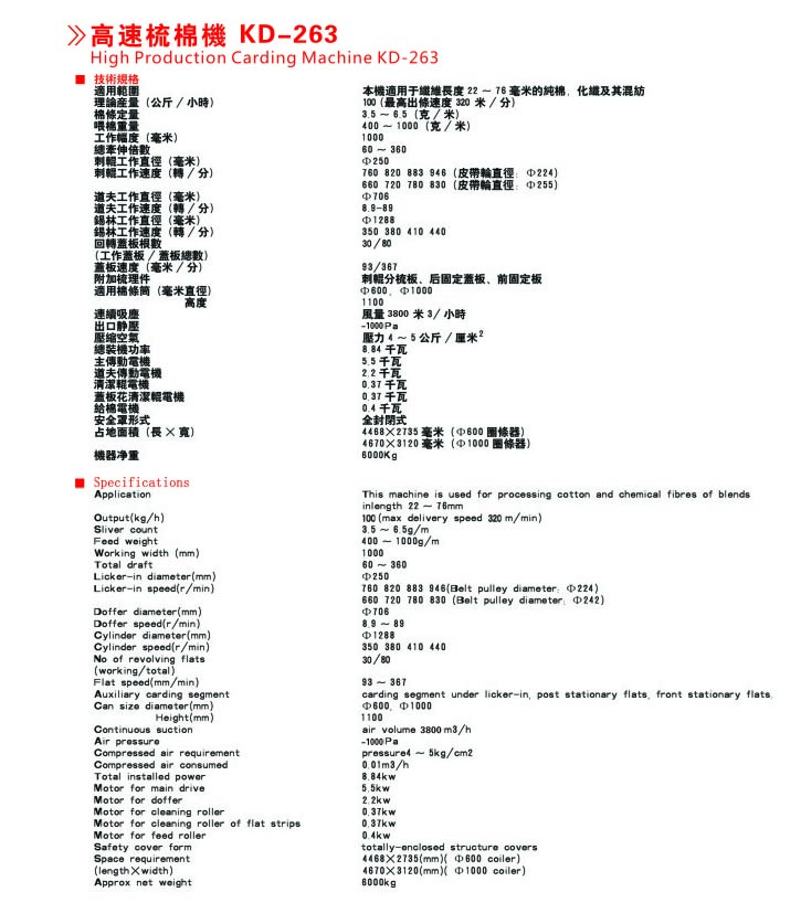 KD263型高速梳棉機(jī)